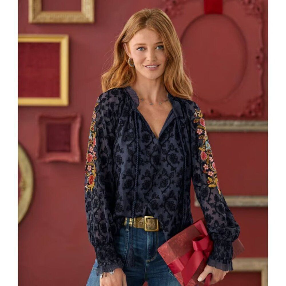 Sundance Midnight Blue Floral Embroidered Crinkle Chiffon Top